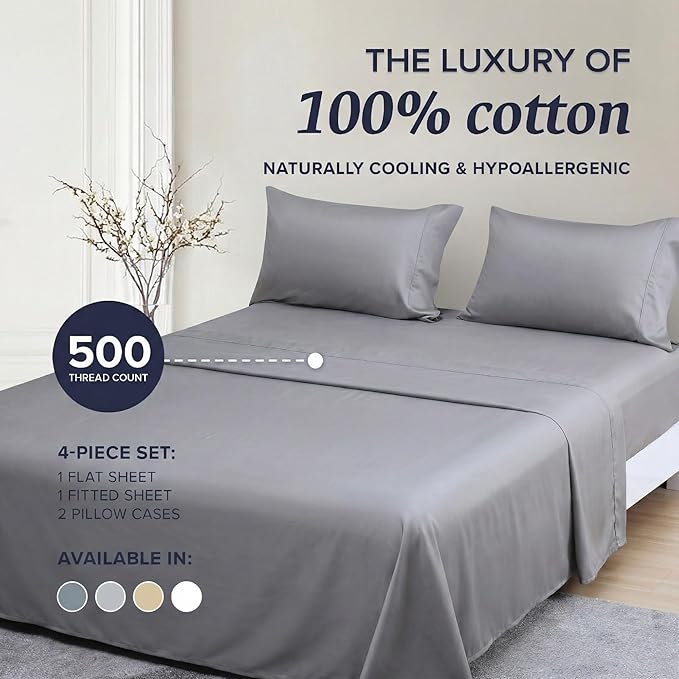Beckham Hotel Collection Queen Sheet Set 100% Cotton, 500TC Luxury Sateen Bedding, 16” Deep Pocket, Moisture-Wicking, 4-Piece, Dark Gray