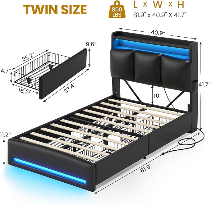 VIAGDO Twin Bed Frames with Storage Headboard and Charging Station, Leather Upholstered Bed Frame Twin Size with 4 Drawers and LED Lights, Type C and USB, No Box Spring Needed, Black