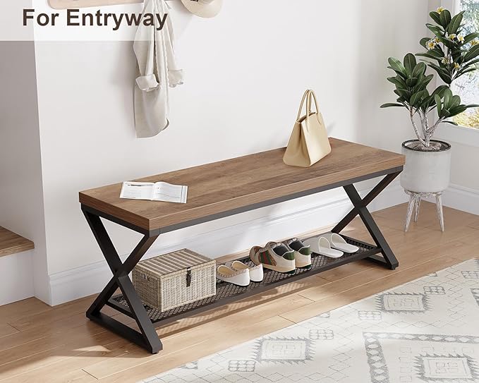 LVB Entryway Bench, Indoor Shoe Bench with Storage and Seating, Wood Metal Storage Bench for Bedroom Living Room, Farmhouse Shoe Rack Bench for Sitting in Hallway Foyer Entrance, Rustic Oak, 47 inch