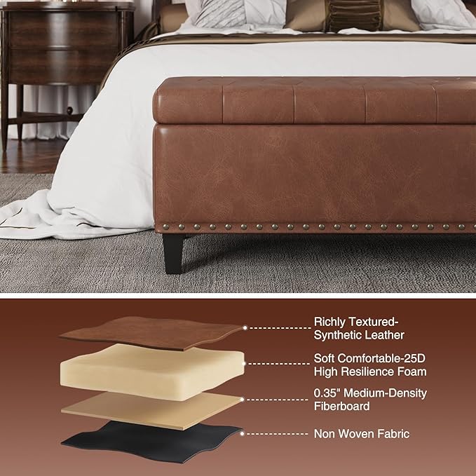 Storage Ottoman Bench,51-Inch Large Storage Bench for Bedroom End of Bed, 30 Gallons Faux Leather Ottoman with Storage for Bedroom, Living Room, Entryway, Hallway,Brown
