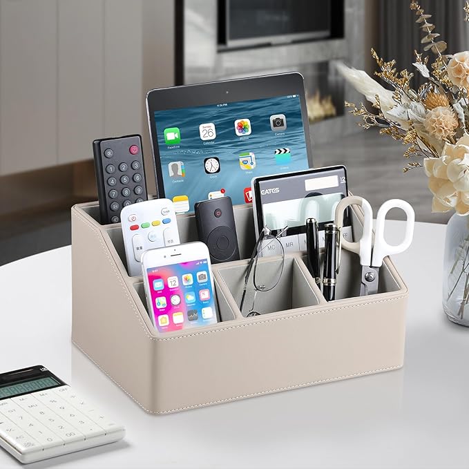 MEIBOOCH PU Leather Desk Organizer, Luxury Remote Control Holder for Home, Office Desk Accessories Table Caddy Bedside Nightstand Organizer (Dark Beige)