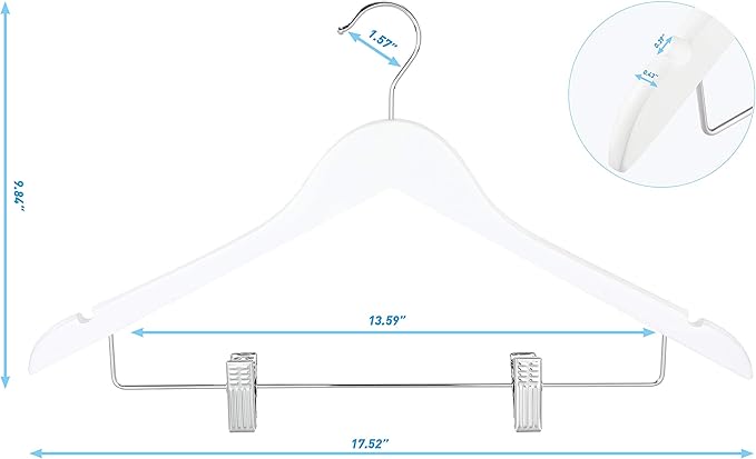 TOPIA HANGER Wooden Suit Hangers with Adjustable Metal Clips (20 Pack), Solid Smooth Wood Clothes Hangers, 360° Swivel Hook, Premium Pants Hangers for Clothes Coat, Jeans, Blouse-White,CT28W20