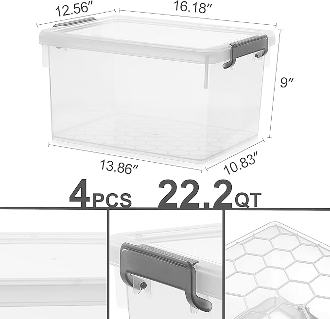 Citylife 22.2 Qt. Plastic Storage Bins with Lids Large Stackable Storage Containers for Organizing Clear Durable Storage Box, 4 Pack