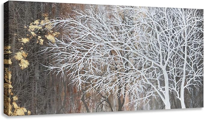 RICHSPACE ARTS Brown Wall Art Hand Painted with Gold Foil Large Tree Painting Modern Landscape Decor Rustic Artwork for Bedroom Living Room
