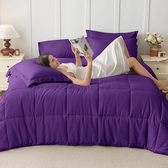 JOLLYVOGUE California King Comforter Set, Ultra-Soft Bed in a Bag Cal King Size 7 Pieces, Oeko-TEX Certified Bedding Set with Down Alternative Comforter, Sheets, Pillowcases & Shams, Purple