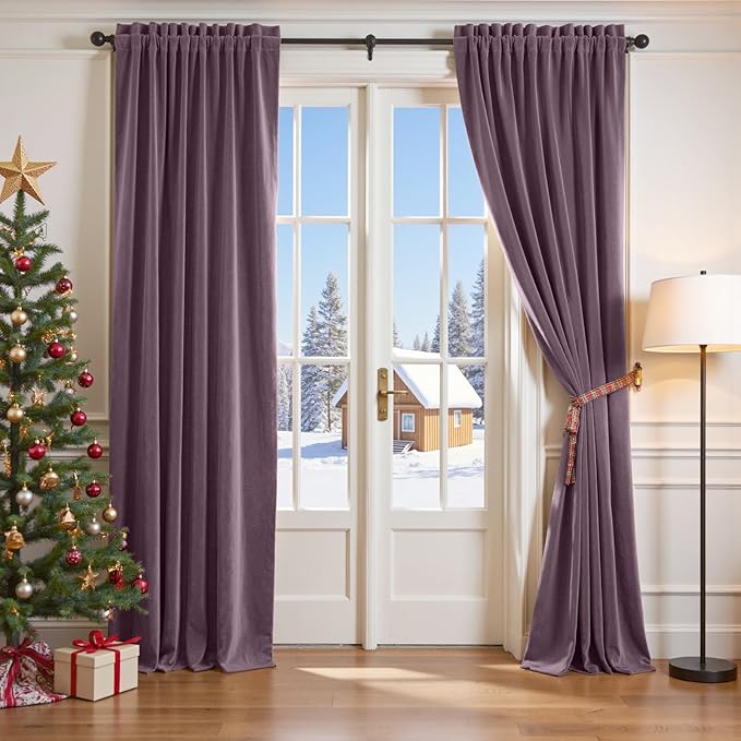 Lazzzy Velvet Blackout Curtains Thermal Insulated Room Window Drapes Super Soft Luxury Curtains for Living Room Bedroom Rod Pocket 2 Panels, Lavender Purple, 52" W x 96" L