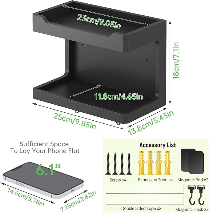 NiHome Large Wall Mounted Wooden Bedside Organizer, Double Storage Shelves & Magnetic Hooks, Solid Wood Bedside Shelf for Phone Glasses Remote Keys, Space-Saving Wall Rack for Bedroom RV Dorm (Black)