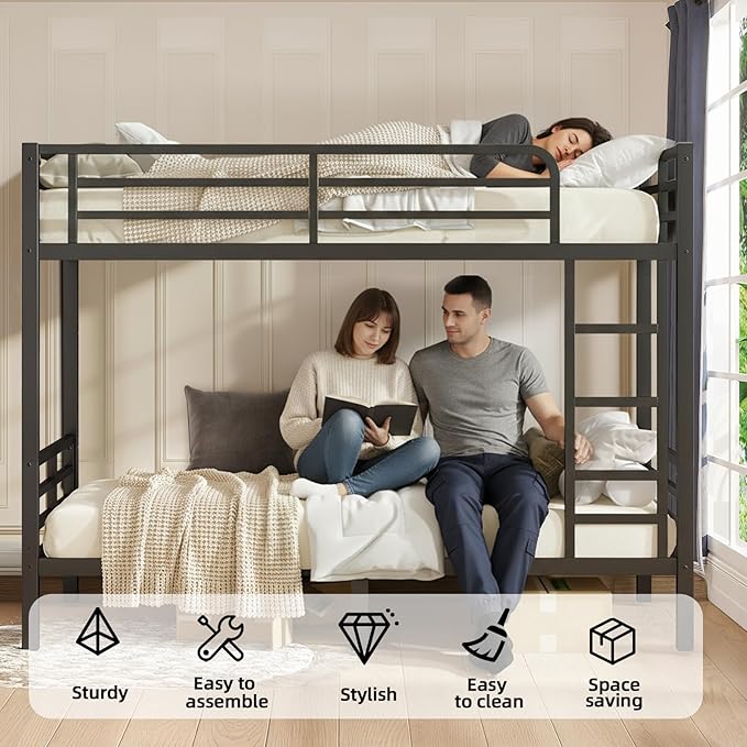 Twin XL Over Twin XL Bunk Bed Frame, Heavy Duty Metal Loft Bed for Adults/Teens, 350/500LB Capacity w/Ladder & Guardrail, Noise-Free Steel Slats, No Box Spring Required, Black