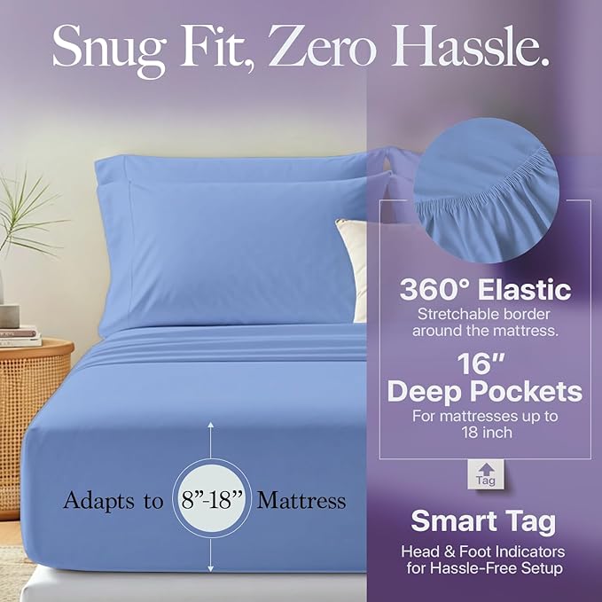 Carressa Linen 100% Egyptian Cotton Twin Sheets Set - 600 Thread Count Egyptian Cotton Luxury Twin Sheets (3 PC, Marine Blue), 16" Deep Pocket, Soft, Cooling, Sateen Weave College Dorm Room Bedding