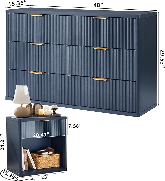 LEYAOYAO 48" Wide Fluted Dresser and 1 Drawers 23" Nightstand Set of 2, Wooden Dresser & Night Stand with Charging Station, 3 Piece Bedroom Furniture Set, Chest of Drawer for Living Room,Blue