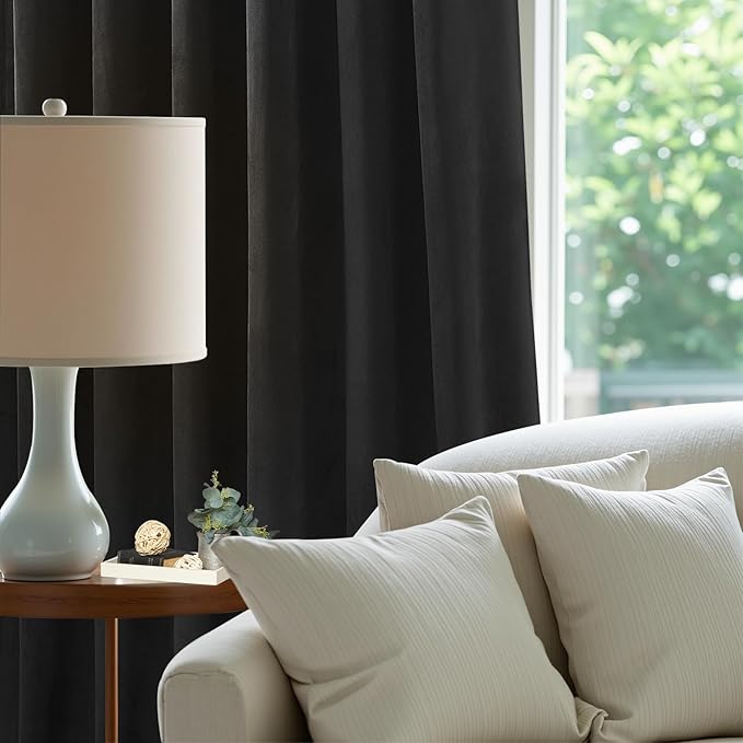 AUSSPVOCT Black Velvet Blackout Curtains 96 Inches for Bedroom, Light Reducing Thermal Curtain Elegant Soft Luxury Room Darkening Window Drapes for Living Room, Back Tab Rod Pocket, W52 x L96, 2 Pcs
