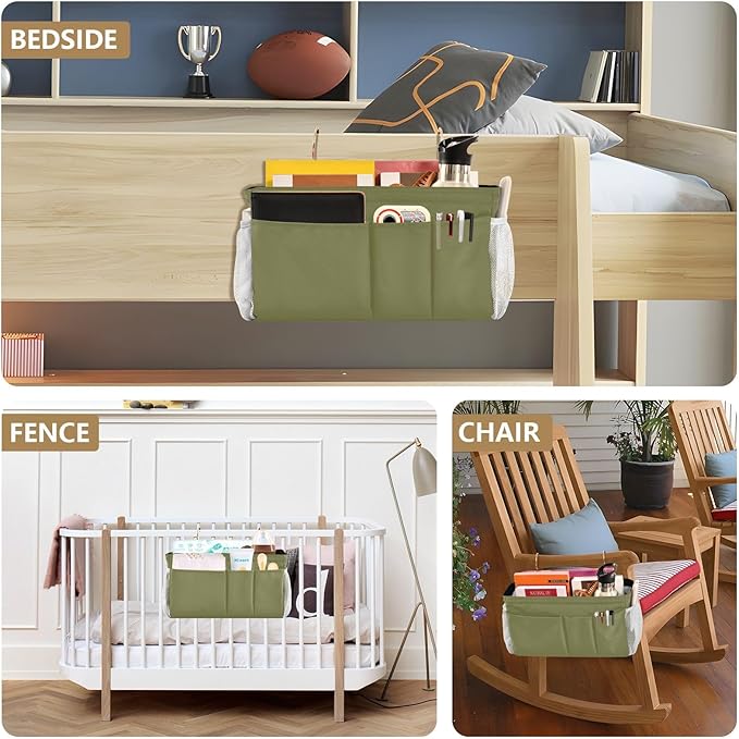 Olive Color Bedside Caddy Storage Bag Bedside Organizer for Dorm Room Top Bunk Bed Bedside Shelf Hanging Organizer 6 Pockets with Hooks for Glasses Book Tablet Holder