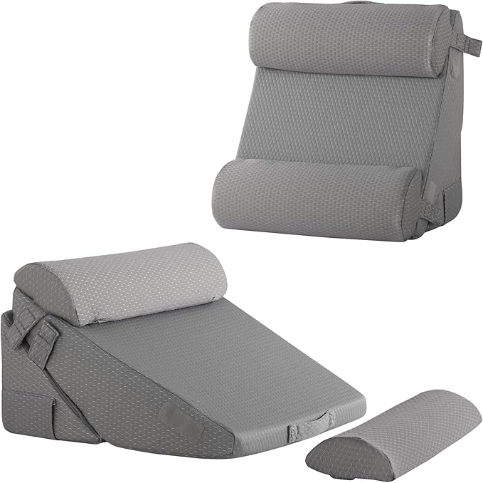 Bedluxe Adjustable 4pcs Bed Wedge Pillow Set, Memory Foam Wedge Pillows Post Surgery for Back, Neck, Leg Pain Relief, Pillow Wedge for Sleeping, Sitting up in Bed, Acid Reflux and GERD, Grey