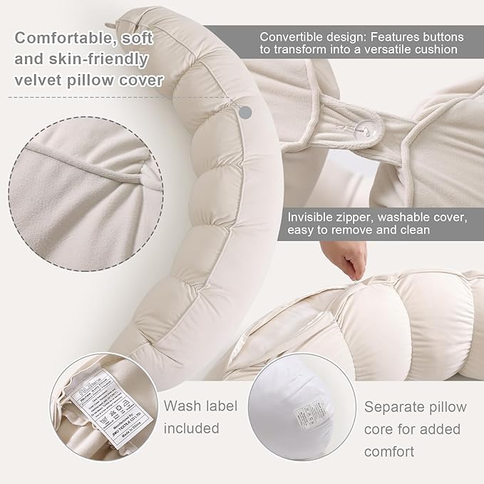 Peallow(Pat. Pend) – Long Round Body Pillow for Adults, Bolster Pillow for Sleeping, Soft and Supportive Pillow for Sleeping & Lumbar Support (Misty White,47")