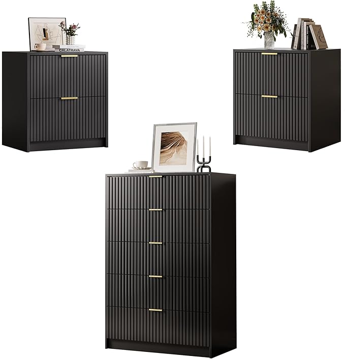 3-Piece Dresser Bedroom Set, 5 Drawer Dresser & 2 Drawer Nightstands with Gold Handles, Fluted Wood Chest of Drawers for Bedroom, Living Room, Entryway, Black