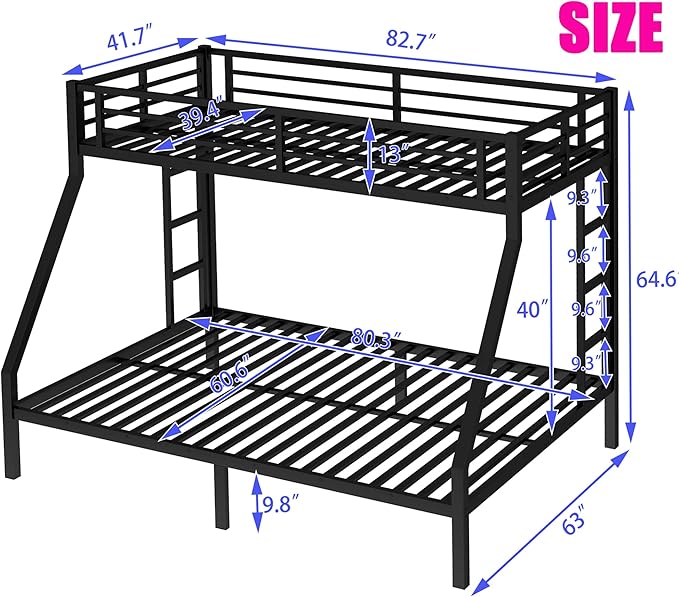 Upgraded Version Thicken Metal Heavy-Duty Twin XL Over Queen Bunk Bed, Modern Style Stronger Twin Over Queen Size Bunk Bed with Ladder for Adults, Easy Assembly (Twin XL Over Queen-2 Ladder)