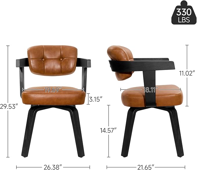 Art Leon Modern Dining Chairs - Set of 2 Mid Century Dining Chairs Faux Leather Upholstered Swivel Dining Chair, Comfy Desk Chair No Wheels Accent Arm Chairs for Kitchen Living Room Study, Brown