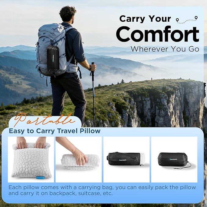 SUPA MODERN Cooling Bed Pillows for Sleeping 1 Pack Small Shredded Memory Foam Pillow Camping Travel Pillow - Compressible Medium Firm, Breathable Cover, ldeal Backpacking Hiking, Airplane and Car