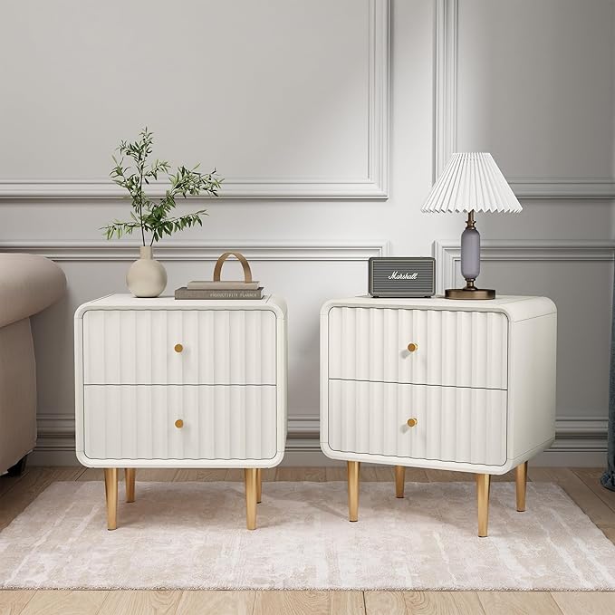 HLR Modern Nightstand, Fluted Bed Side Table with 2 Drawers Storage, Wood End Table with Gold Metal Handle, White Night Stands for Bedroom