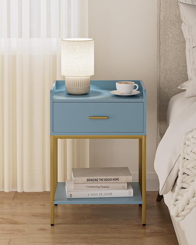 Masupu Nightstand,Bedside Table 3-Tier Modern Night Stand with Storage Drawer and Shelf,Small End Side Table for Bedroom,Living Room,Black (Without Outlet, Blue)