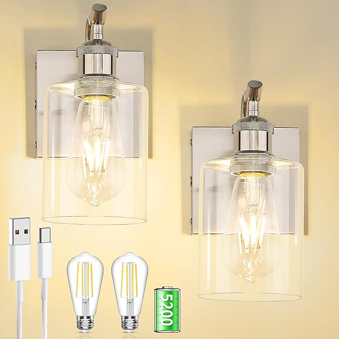 Battery Operated Wall Sconces Set of 2, Brushed Nickel Rechargeable Wall Lights with 5200mAh Battery and Touch Control, Dimmable Wireless Sconce Lamp for Bedroom Hallway Bathroom ZCVL01BN-1A-2P