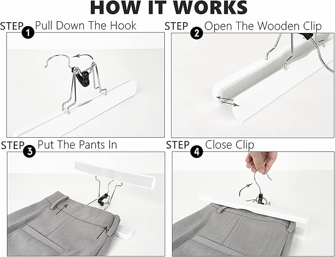 Amber Home 10 Pack White Wooden Pants Hangers, Wood Clamp Hangers with Non Slip Padded Velvet, Jeans/Slacks Hangers Hair Extension Hangers for Skirts, Trousers, Wigs (White, 10)
