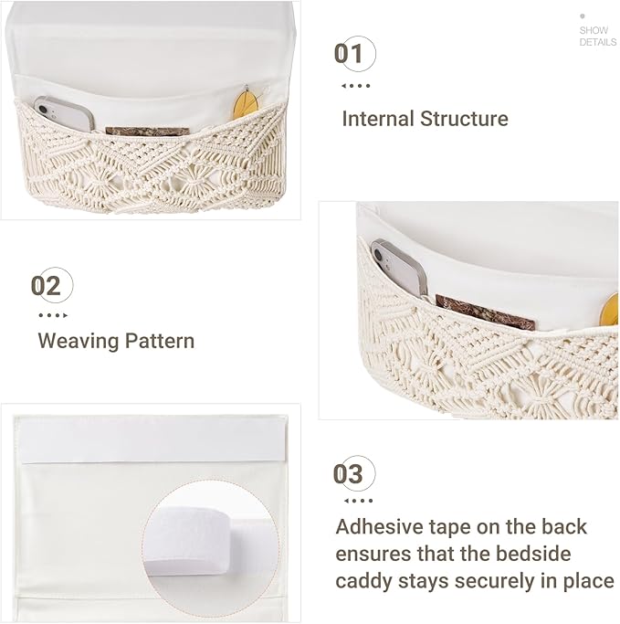 Mkono Macrame Bedside Caddy Storage Organizer Boho Remote Control Tablet Magazine Holder with 4 Pockets Non-slip Countertop Bedside Caddy for Home Bedroom Living Room College Dorm Bed, Ivory