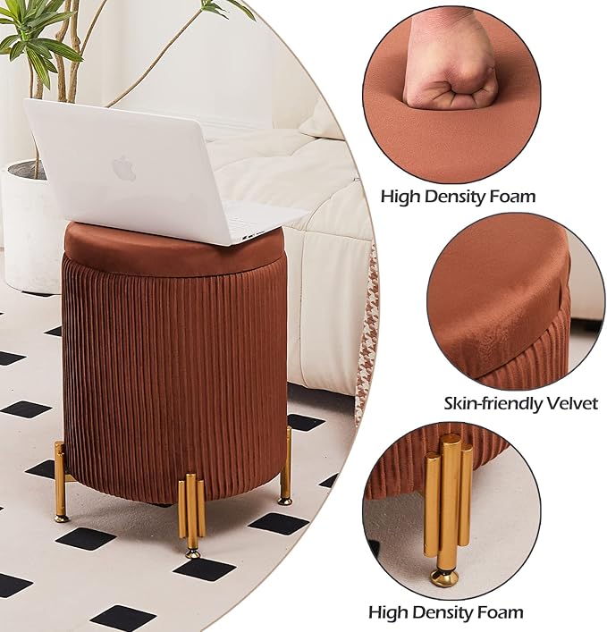 Mxfurhawa Round Ottoman Foot Stool with Storage and Metal Legs for Living Room Bedroom, Velvet Upholstered Footrest Stool Support 300lbs Modern Padded Seat Ottoman Coffee Table (Caramel)
