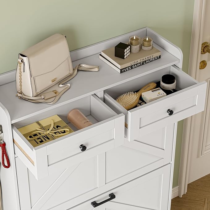 Shoe Storage Cabinet for Entryway, Farmhouse Narrow Shoe Cabinet with 2 Flip Drawers & Top Drawers, Adjustable Shelves & Hooks, Freestanding Hidden Rack Organizer for Hallway, Foyer
