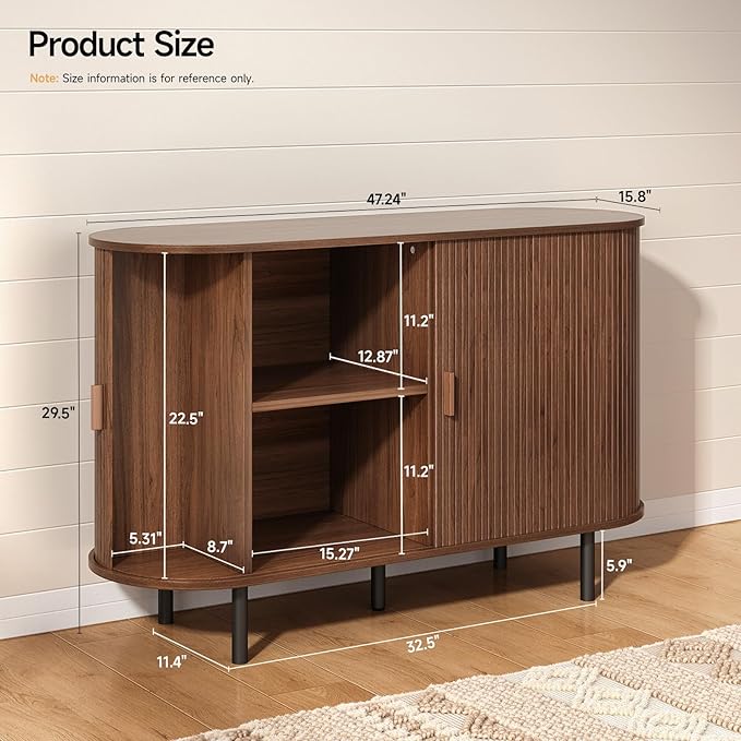 ONBRILL 48" Sideboard Buffet Cabinet with Storage, Storage Cabinet with Sliding Door & Adjustable Shelf, Modern Accent Coffee Bar Console Table for Kitchen, Entryway, Walnut