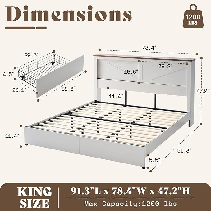 AMERLIFE King 47.2" H Bed Frame with Hidden Space Bookcase Headboard and Charging Station, Beds with 2 Storage Drawers and Wood Slats, No Box Spring Needed, White & Barnwood