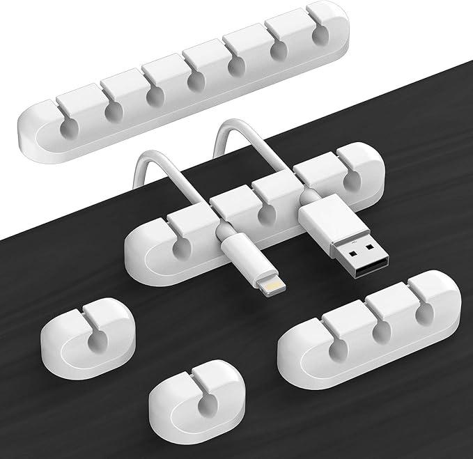 Cord Holder Cable Organizer Clips – Self Adhesive Cord Organizer for Desk, Car, Nightstands, Office, White Silicone Cord Keeper Cable Clips Wire Holders for Phone Charger Cords (7-5-3-1-1 Slots)
