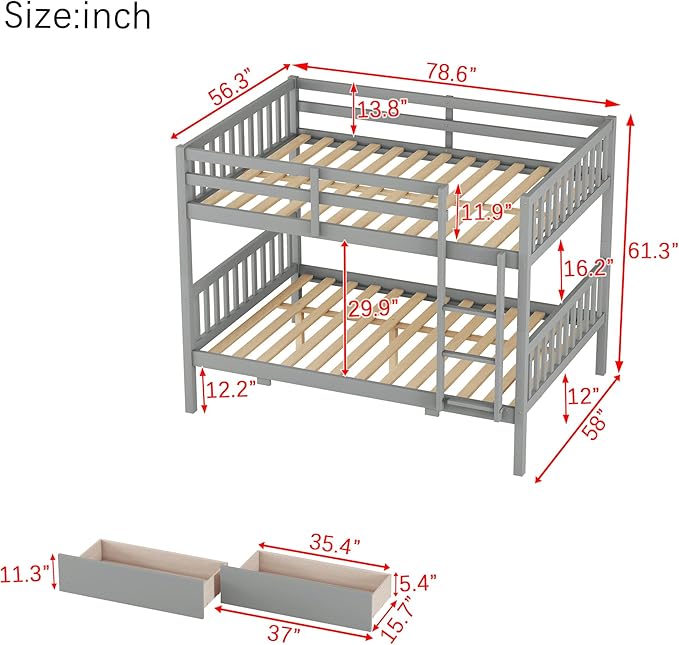 Full Over Full Bunk Bed with Storage Drawers,Convertible Bunk Beds with Ladder & Safety Guardrails,Full Size Bunk Beds for Kids Girls Boys,Grey