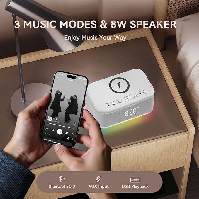 Wireless Charging Alarm Clock Bedroom, Loud Digital Alarm Clocks Bedrooms, Alarm Clock Night Light Speaker 8W Snooze Dual Alarm 12/24H Adjustable Brightness Dimmer Bluetooth, White