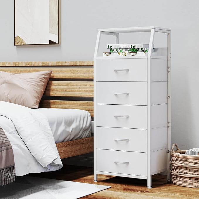Ollieroo White Dresser for Bedroom, Storage Organizer with 5 Drawers, Vertical Fabric Storage Tower, Nightstand Bedside Table, Sturdy Steel Frame & Wooden Top