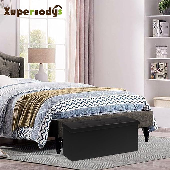 xupersodys 30 Inches Folding Storage Ottoman Bench, Faux Leather Footstool Ottoman, Storage Trunk Footrest for Bedroom, Living Room and Hallway, Support 350lbs, Black（Black line）