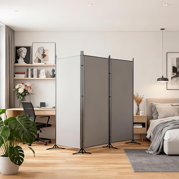 DUMOS 3 Panel Partition Room Divider, 6 Ft Tall Folding Privacy Screen, Freestanding Partition with Steel Frame, Easy Move & Storage, for Home, Office, Bedroom, Grey