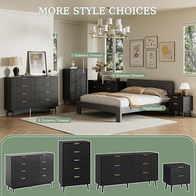 LYNSOM Fluted Dresser and Nightstand Sets 3 Piece, 8-Drawers Dresser and 1-Drawer Nightstands Set of 2, Wood Bedroom Furniture Set for Home, Bedroom, Hallway, Black