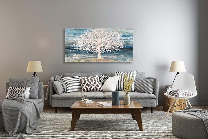 White Tree Canvas Wall Art Large Teal Blue Decor Textured Painting Print with Gold Foil Framed Artwork for Living Room Bedroom(24W*48L