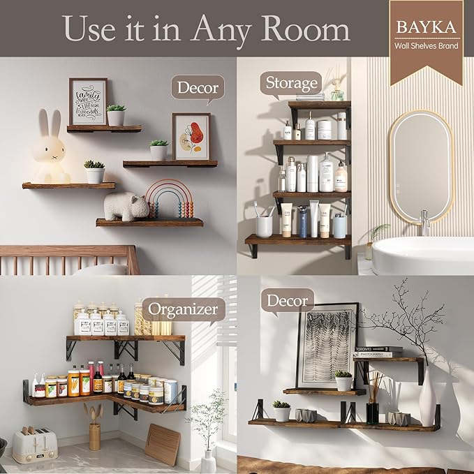 BAYKA Wall Shelves for Bedroom Decor, Floating Shelves for Wall Living Room Kitchen Storage, Mounted Rustic Wood Floating Shelves for Kids Books, Corner Shelf for Bathroom(Rustic Brown，Set of 4)