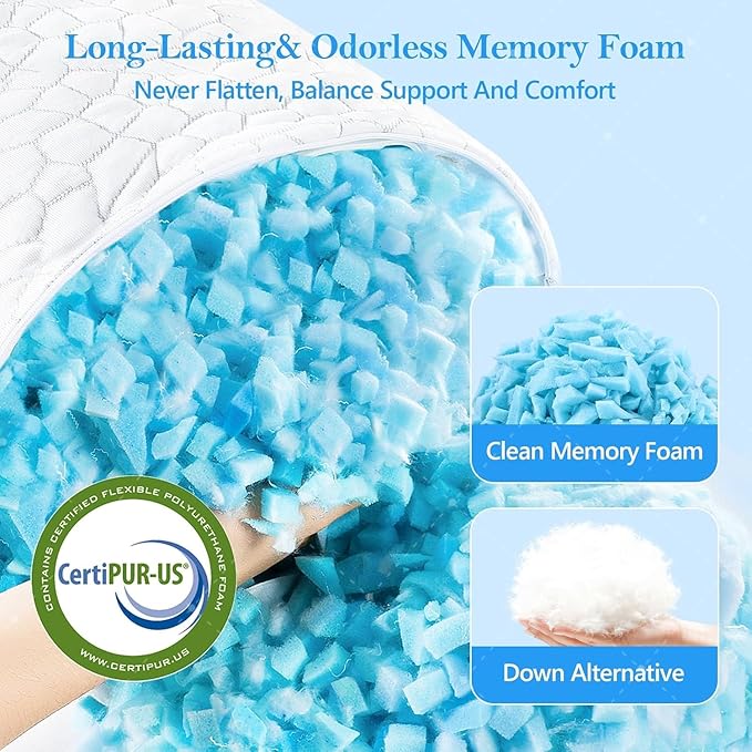 Cooling Bed Pillows Queen Size Set of 2, Shredded Memory Foam Pillows for Sleeping, Adjustable Firm Pillow for Side Back Stomach Sleepers, Gel Cool Pillow for Hot Sleepers Neck Support