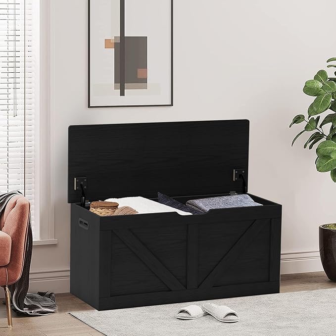 Timberer 39.4" Storage Chest, Wooden Storage Bench, Large Storage Trunk with 2 Safety Hinges, Entryway Shoes Bench for Living Room, Bedroom, Black