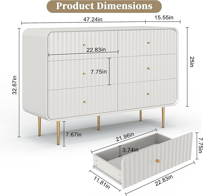 HLR Fluted 6 Drawers Dresser, 48'' Wide Modern Chest of Drawers with Gold Metal Handles,Dresser TV Stand, Wood Dressers & Chest of Drawers for Bedroom, Living Room, Hallway (White)