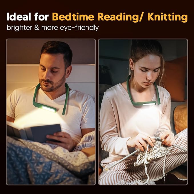 Neck Reading Light, Book Light for Reading in Bed, Eye-friendly Wide Reading Lamp, Bendable Arms & 2 Bright Lights, Rechargeable Booklight Stepless Dimming, Book Lover Gifts Knitting Crochet Craft