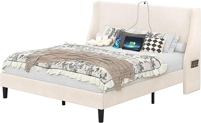 VECELO Full Bed Frame with Upholstered Wingback Headboard, Heavy-Duty Platform Bedframe with Charging Station, Wooden Slats, No Box Spring Needed, Beige
