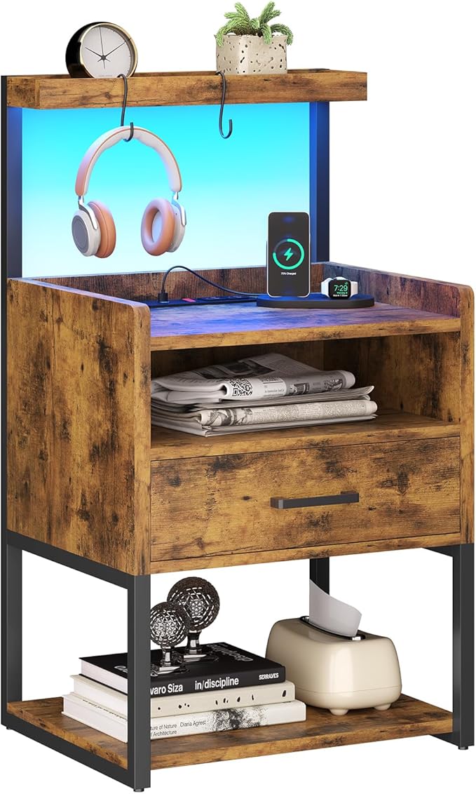 VIAGDO Nightstand with Charging Station and LED Lights, Rustic Brown Night Stand with Drawer, Modern End Side Table with Open Storage Shelves, Bedside Tables for Bedroom, Office