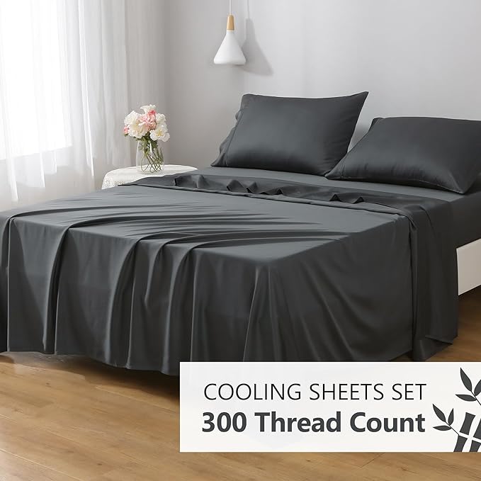 Linen World Cooling Bed Sheets Set Twin Size,100% Organically Grown Viscose Sheets,Deep Pocket Up to 16",3 Pieces Silky Soft,Breathable Bedding Sheets & Pillowcases(Shadow Grey,Twin)