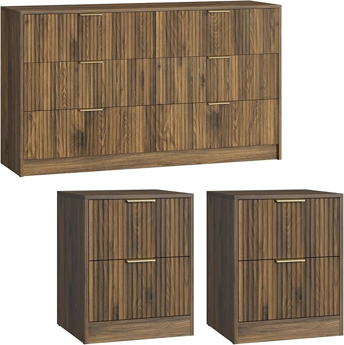 6 Drawer Dresser & Nightstand Set 3-Piece, 55” Wide Fluted Dresser and Night Stand Set of 2 with Metal Handle, Modern Wood Chest of Drawers Storage Dressers Set for Bedroom, Walnut