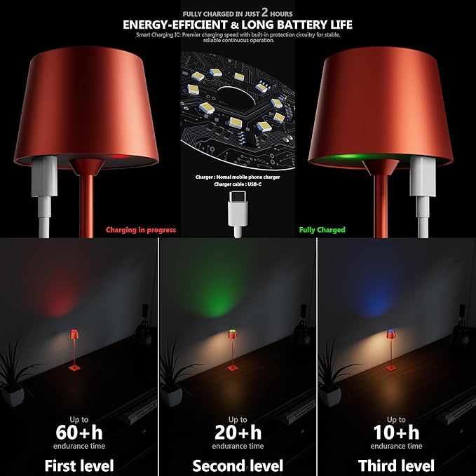 Modern LED Color-Changing Cordless Table lamp, 7 Colors, metal Shade, Touch control with sleep mode for Restaurant, Bedroom, Outdoor Camping, Coffee Shop, Night Light, Rechargeable(Red 1 PACK)