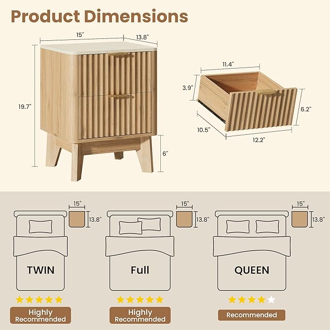 Fluted Nightstand Set of 2,Modern End Table with Faux Marble Top,2 Storage Drawers Side Table,Bedside Table for Bedroom, Living Room,Curved Profile Design Furnitue,Natural Oak